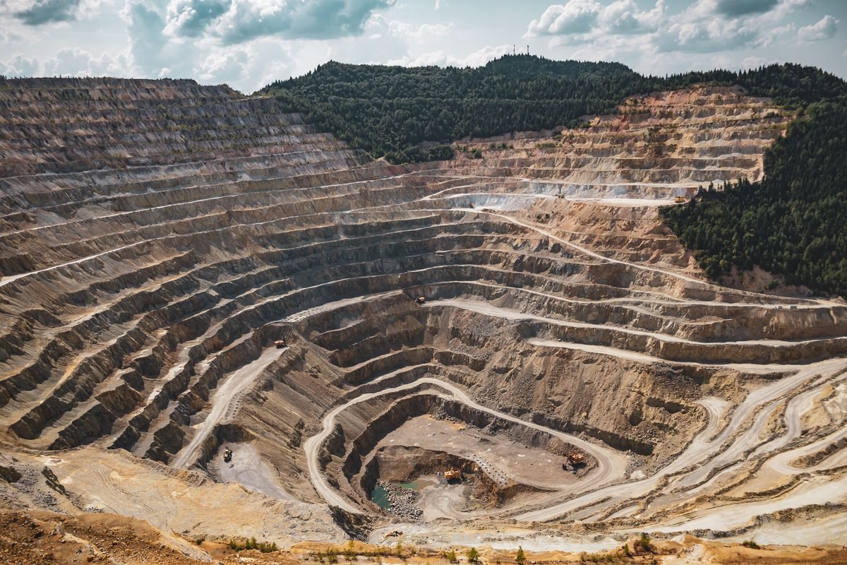 Open-pit mine benches, haul roads and working equipment